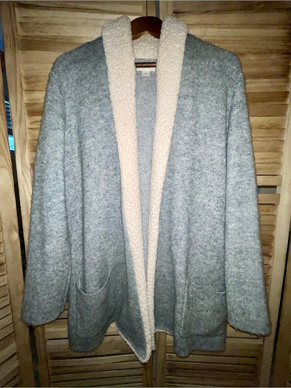 Style & Co XL Gray Sherpa Trim Open Front Cardigan Cozy Pockets Casual Chic - Picture 2 of 12